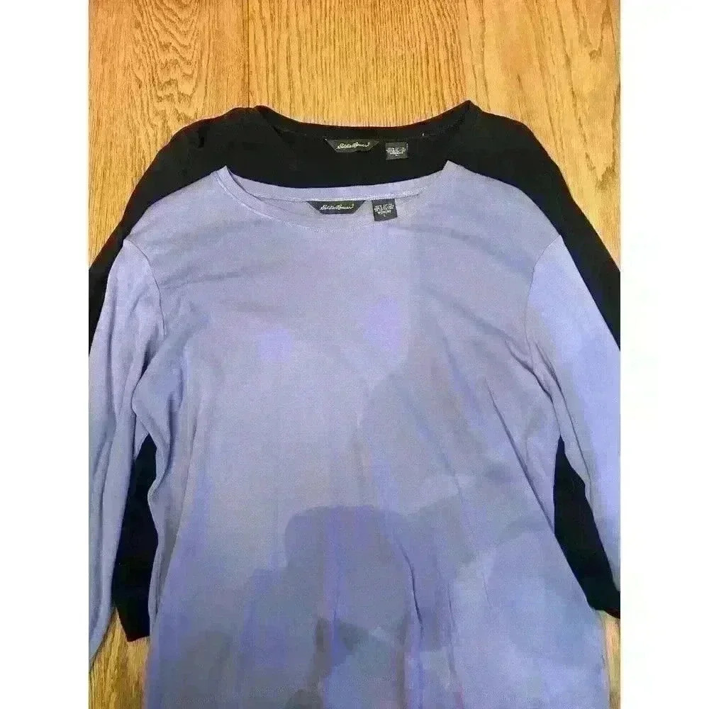 2 Eddie Bauer Tops long sleeve Crew Neck Tee Black and Lavender Both size Large